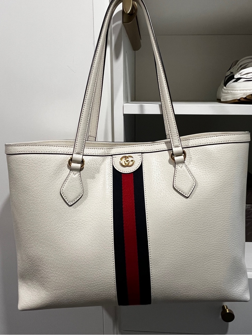 Gucci White Leather Ophidia Tote with Signature Web Stripe